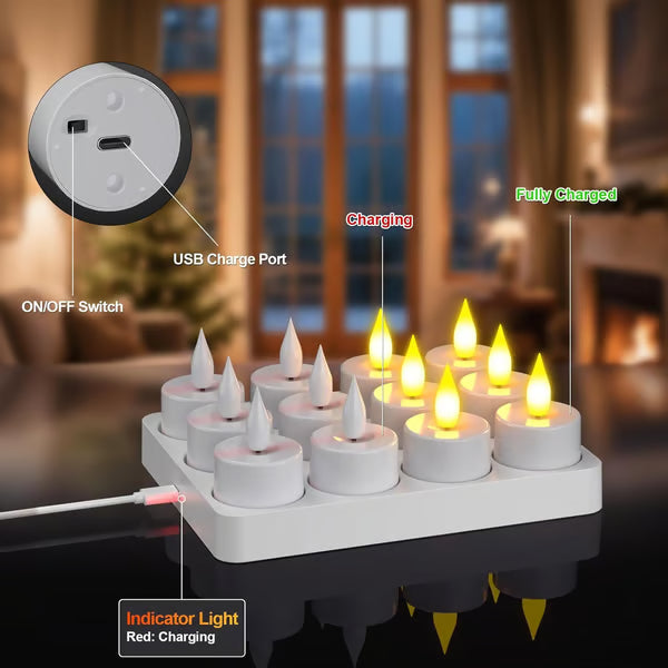 🎅Christmas Sale🎅Flameless Candles, 12pcs USB Rechargeable Tea Lights Candles for Christmas Decor with Remote Control